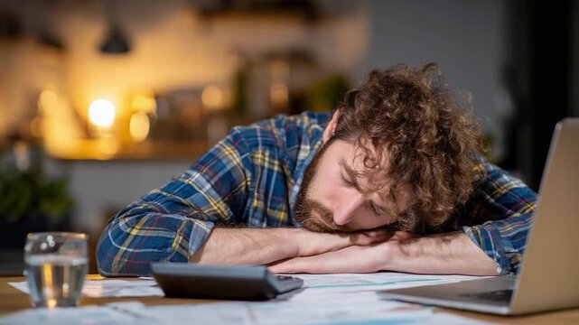 Overwhelmed: A weary individual slumped over a desk in a dimly lit room, surrounded by paperwork and a calculator, embodying stress and burnout in a relatable scenario.