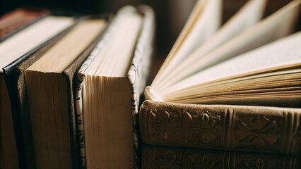 Close-up of old hardcover books stacked on wooden surface, symbolizing knowledge, education, history, and vintage learning concept