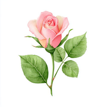 Pink rosebud with green leaves, delicate watercolor floral illustration, romantic and elegant, isolated on white background, perfect for greeting card or wedding design