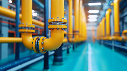 A close-up view of industrial yellow pipes in a facility, showcasing a clean and organized layout with a vibrant turquoise floor.