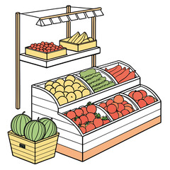 Illustration of a colorful fruit and vegetable stand, showcasing fresh produce like watermelons, tomatoes, oranges, lettuce, and bananas in an inviting display
