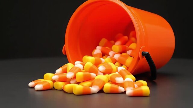 Spilled orange bucket overflowing with delicious candy corn on dark background