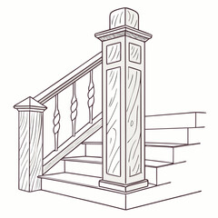 Illustration of a staircase with a decorative wooden banister and post, the stairs are simple and the banister adds an elegant touch to the design