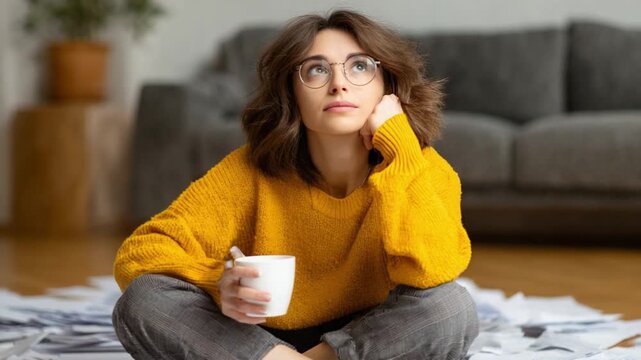 Pensive Moment: A woman in a casual sweater thoughtfully gazes upwards, cradling a mug as she sits on the floor amongst scattered papers, a moment of contemplation and reflection. 
