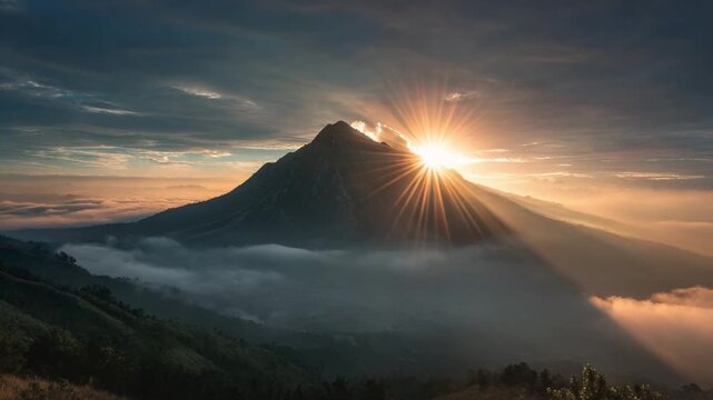 Majestic Mountain: Sunlight bursts over a dramatic mountain peak, creating a breathtaking scene of natural grandeur and inspiring awe.