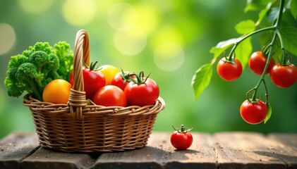 Vibrant veggies in woven basket, ripe tomatoes on vine , summer, healthy, basket