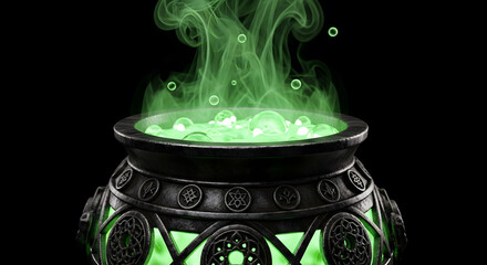 Mystical black cauldron with glowing green potion, magical smoke and bubbling brew isolated on dark background.