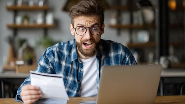 Surprised at Home: An individual, absorbed in the glow of a laptop screen, gazes in shocked disbelief at a bill or statement