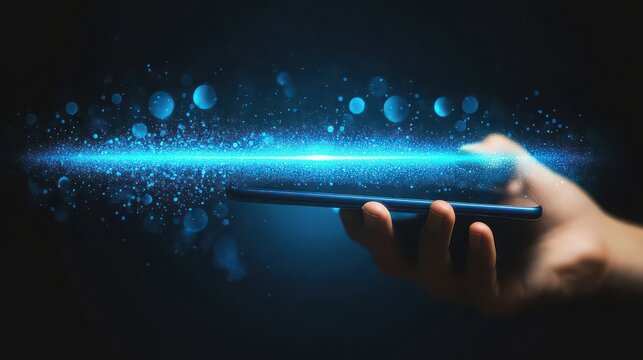 Hand holding smartphone with glowing light effect, representing modern technology and digital communication