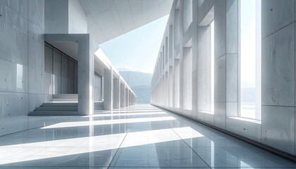 Obraz premium Architectural marvel showcasing long white building with glass facade reflecting sky and clouds in daylight with minimalist and geometric design