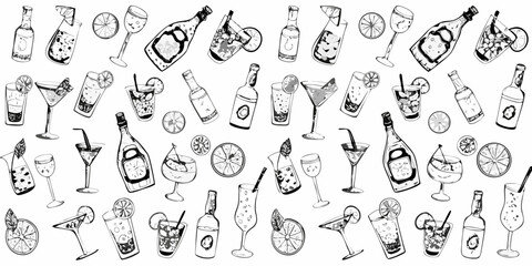 A lively black and white sketch pattern of various cocktails bottles and citrus slices for a festive design