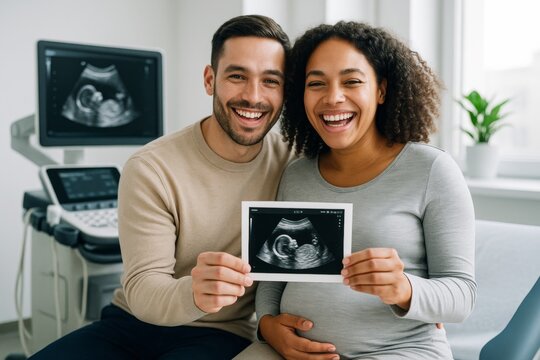 Happy expecting couple holding ultrasound photo during prenatal checkup in bright clinic room, smiling joyfully together at camera. Ai generative - Powered by Adobe