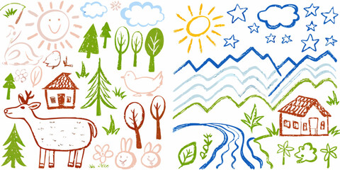 Whimsical hand drawn elements of nature and animals for childrens designs