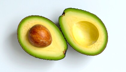 Fresh avocado cut in half on a white background