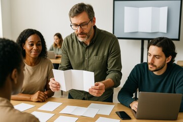 Team discussing blank brochure mockup in office meeting with presentation screen and light background during creative planning session. Ai generative