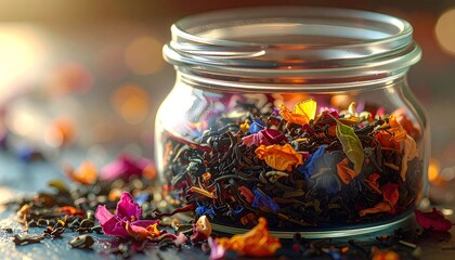 Aromatic Herbal Tea Blend in Glass Jar with Colorful Flowers and Herbs on Dark Surface