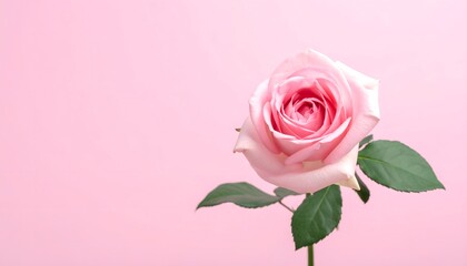 Fototapeta premium A beautiful, single pink rose with green leaves against a soft, solid pastel pink background, presented in a minimalist layout with ample copy space.