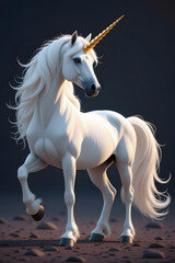 Naklejka premium “Majestic White Unicorn with Golden Horn – Fantasy Mythical Creature Illustration on Dark Background”