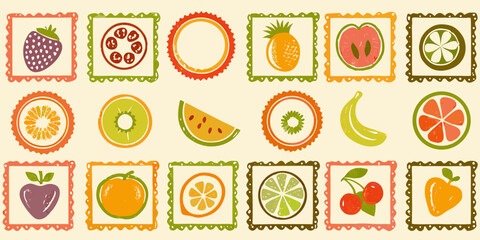 Whimsical hand drawn fruit illustrations in decorative frames and circles