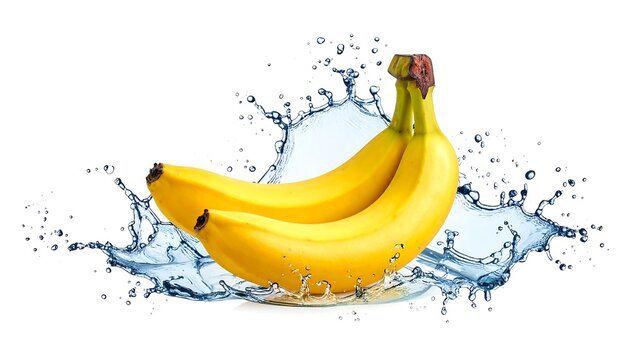 Fresh bananas in a clear water splash on white