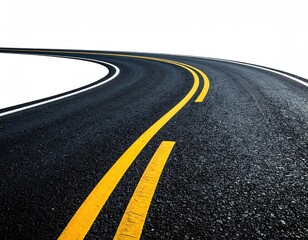 Curving asphalt road with yellow lane markings, isolated on a white background