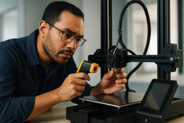 Focused man using infrared thermometer to check temperature of 3D printer extruder nozzle in modern workspace with soft background lighting. Ai generative