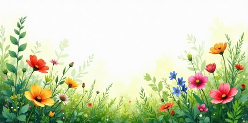 Vibrant watercolor meadow herbs & wildflowers, lush green foliage, summer, element, herbs