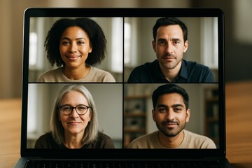Diverse team of four people having a virtual video conference call on a laptop screen in a warm indoor setting with soft background light.. Ai generative