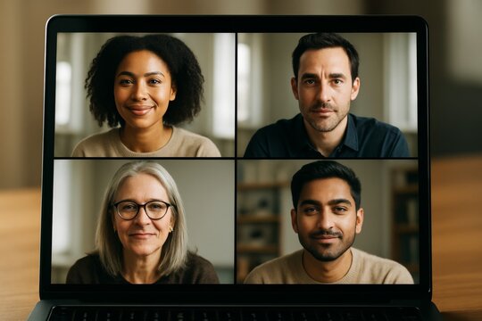Diverse team of four people having a virtual video conference call on a laptop screen in a warm indoor setting with soft background light.. Ai generative