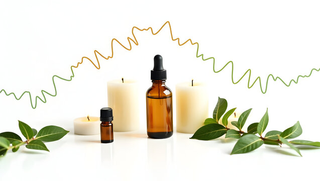 Alpha wave A creative composition with essential oil bottles, leaves, and candles, alpha wave signals connecting each object, the whole scene isolated(3)