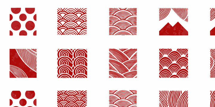 Collection of japanese seigaiha wave patterns and red polka dots with watercolor texture