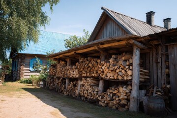 Firewood Rack in Belorussian Village near Polatsk. Traditional Woodshed in Rural Countryside