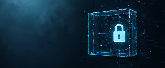 Dark gradient wall on left side, glowing central lock in glass cube, subtle shimmering reflections, abstract cyber style,