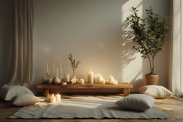 Serene meditation space bathed in warm sunlight featuring glowing candles soft cushions and a lush green plant creating a tranquil atmosphere for relaxation and mindfulness