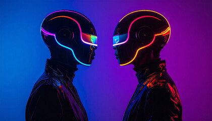 Two figures in futuristic helmets with neon lights face each other in a vibrant, colorful setting.
