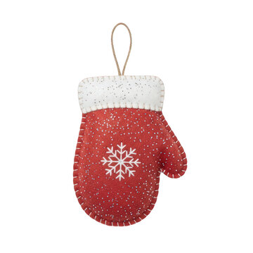 Festive red mitten christmas ornament with snowflake hanging on transparent background