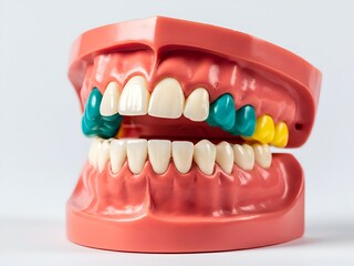 Obraz premium Anatomical Jaw Model Showcasing Rainbow Jelly Beans for Teeth on a White Background