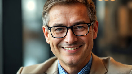 Portrait of happy mature businessman wearing glasses with bright smile in modern office environment, symbolizing trust, confidence, and leadership in corporate communication and business success