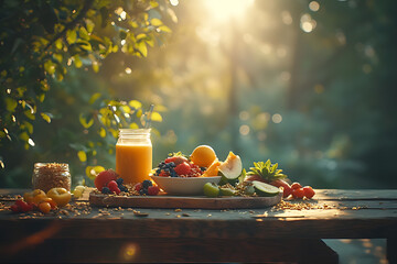 Sunlit outdoor table setting with fresh fruit and juice evoking a peaceful morning meal amidst lush greenery