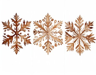 Three watercolor snowflakes in shades of brown against a white background