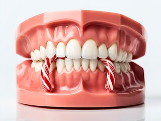 Obraz premium Dental health awareness: Artificial teeth model with candy canes for oral care education.