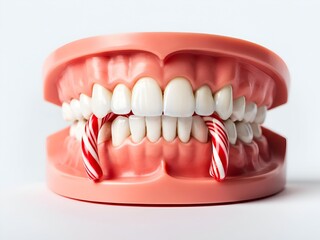 Obraz premium Dental Anatomy Model with Candy Canes, Showing Healthy Teeth Structure on White Background