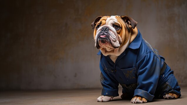English Bulldog Sitting In Industrial Setting Wearing Work Shirt