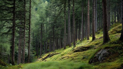 Fototapeta premium Forrest Timber. Pine Trees on Uphill Grass Field in Conifer Wilderness