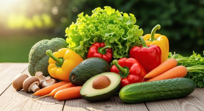 Fresh assortment of healthy vegetables and fruits on a wooden table outdoors