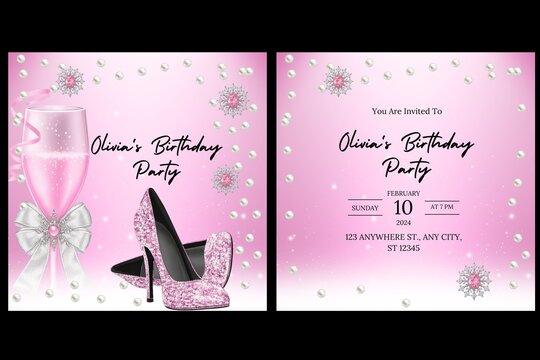 pink birthday invitation with high heels,champagne glass,pearls and silver box,elegent card for sweet sixteen and luxuary birthday - Powered by Adobe