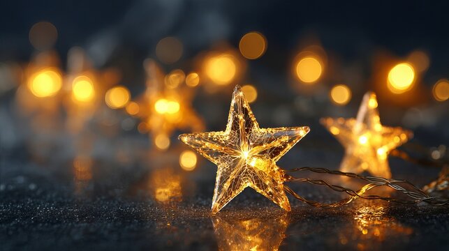 Bright golden star shaped lights on dark background twinkling bokeh glow festive sparkle elegant abstract backdrop for holiday cards web banners social media headers product mockups and copy space
