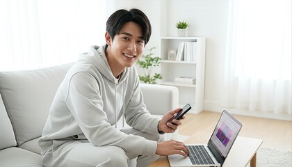 自宅でPC作業をする若い男性のポートレート