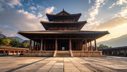 Ancient Wooden Temple Under Golden Sunset Sky with Mountain Backdrop Stone Tile Ground Layers of Dark Wood Tiled Roof Columns and Intricate Details