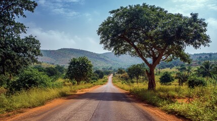 Naklejka premium Ghana Scenery. Scenic African Landscape with Road and Lush Greenery